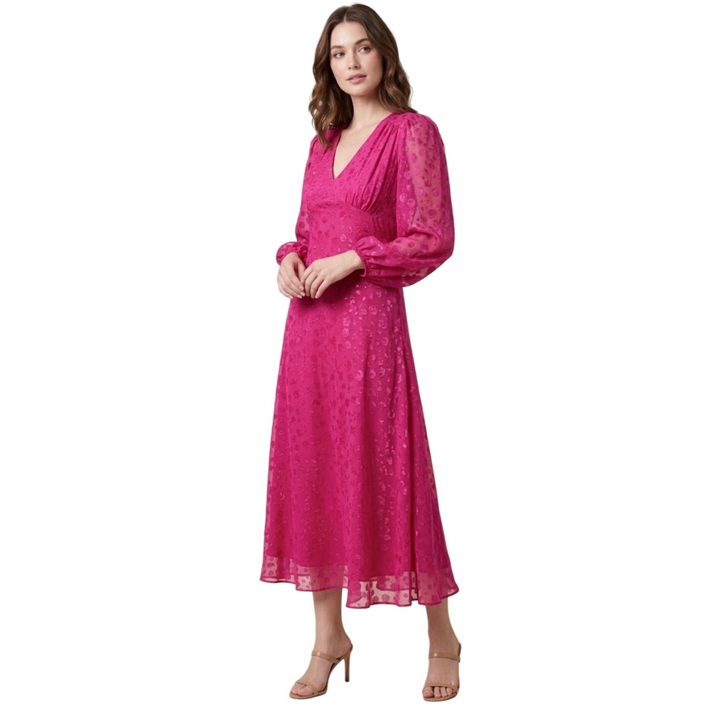 Taylor Pink Clip Chiffon Midi Dress V-Neck Long Sleeve Magenta 6P NEW